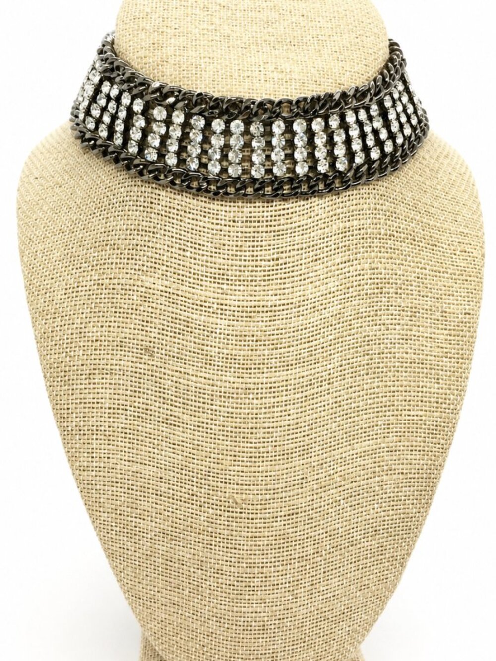 RJ GRAZIANO CHOKER Gunmetal Rhinestone Mesh Goth Glam Statement Necklace